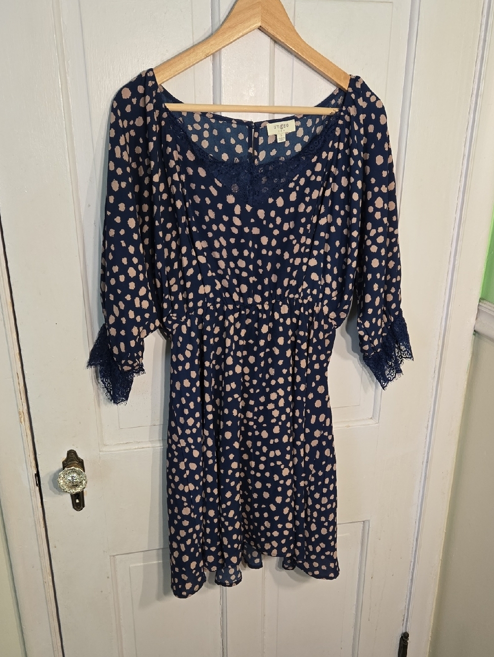 Umgee Navy Blue Mini Dress with Beige Polka Dot Print